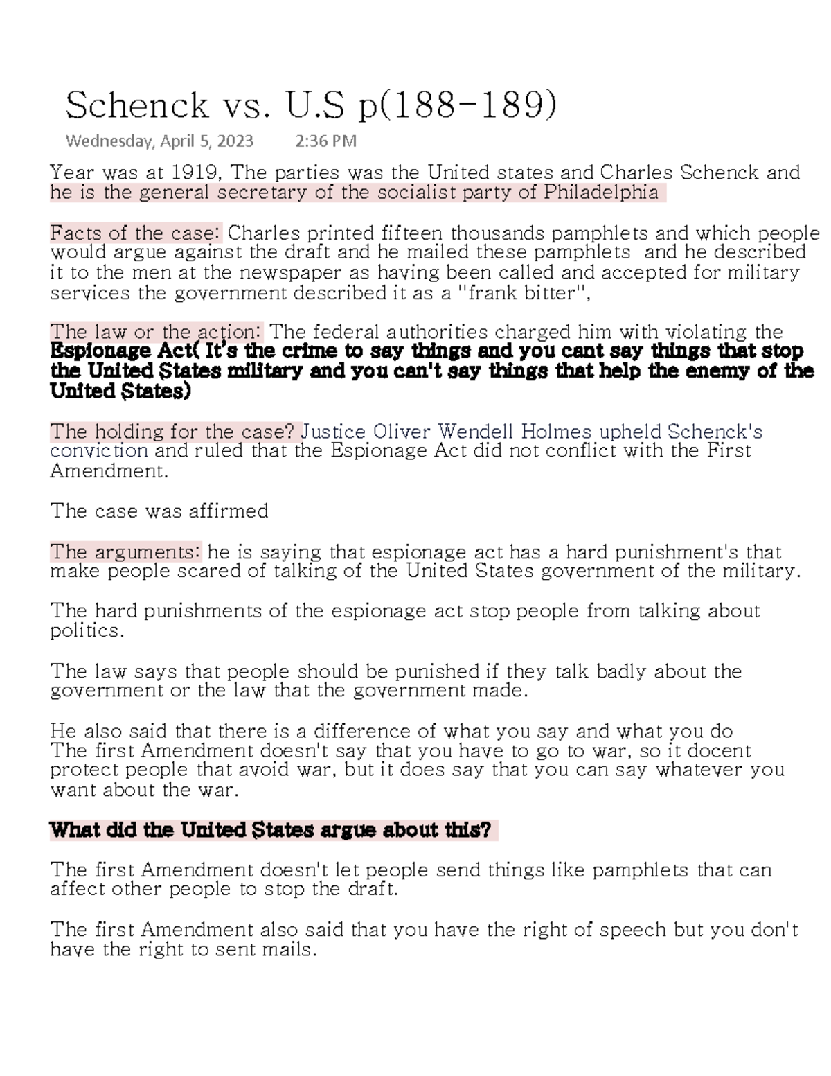 Schenck vs. U.S p(188189) Year was at 1919, The parties was the