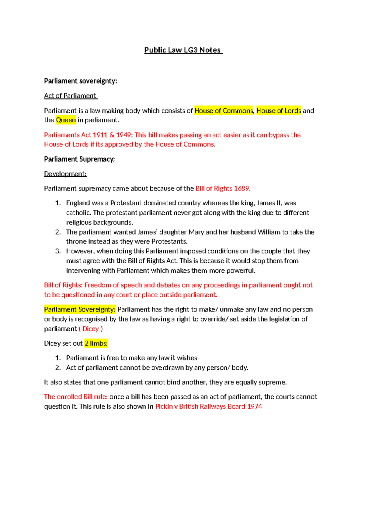 Public Law LG3 Notes - Public Law LG3 Notes Parliament sovereignty: Act ...