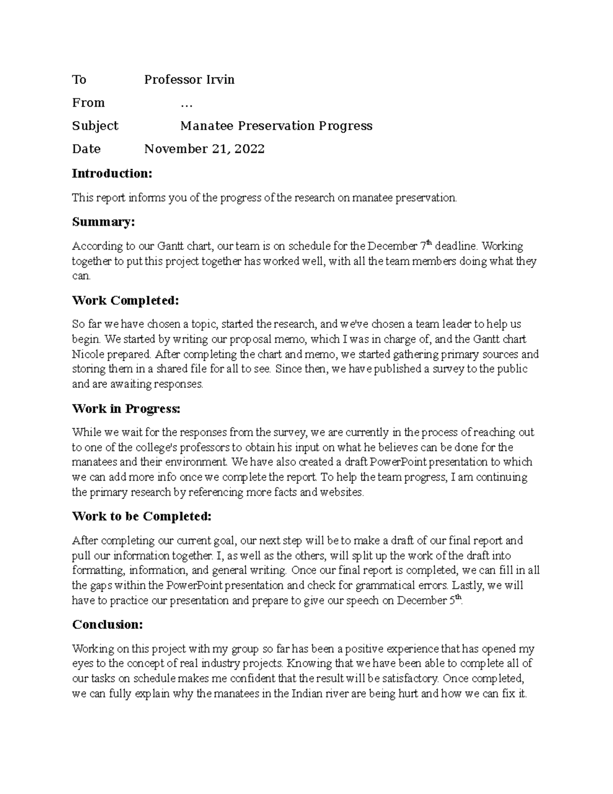 Individual Progress Memo Report Final Draft - To Professor Irvin From ...