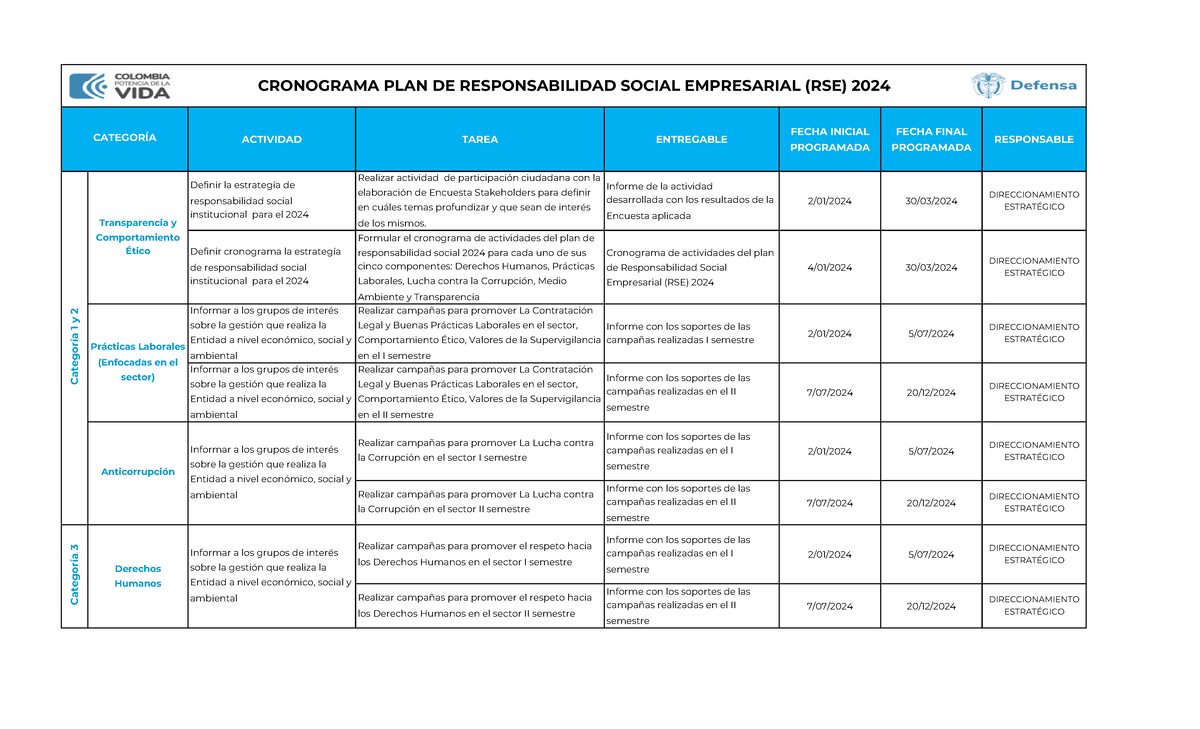 Cronograma Plan de Responsabilidad Social Empresarial 2024 - ACTIVIDAD ...