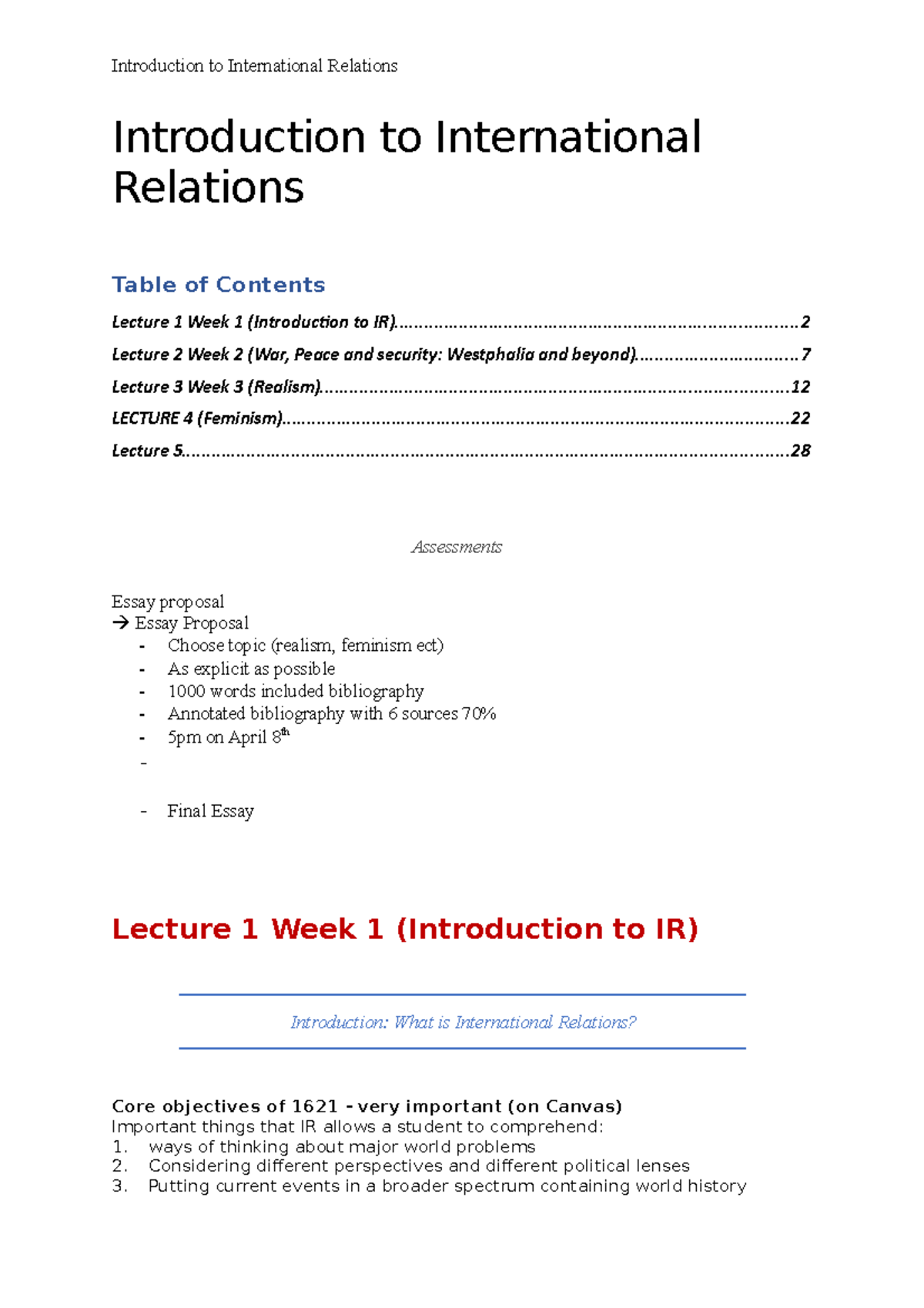 Notes including week 1 to 12 - Introduction to International Relations ...