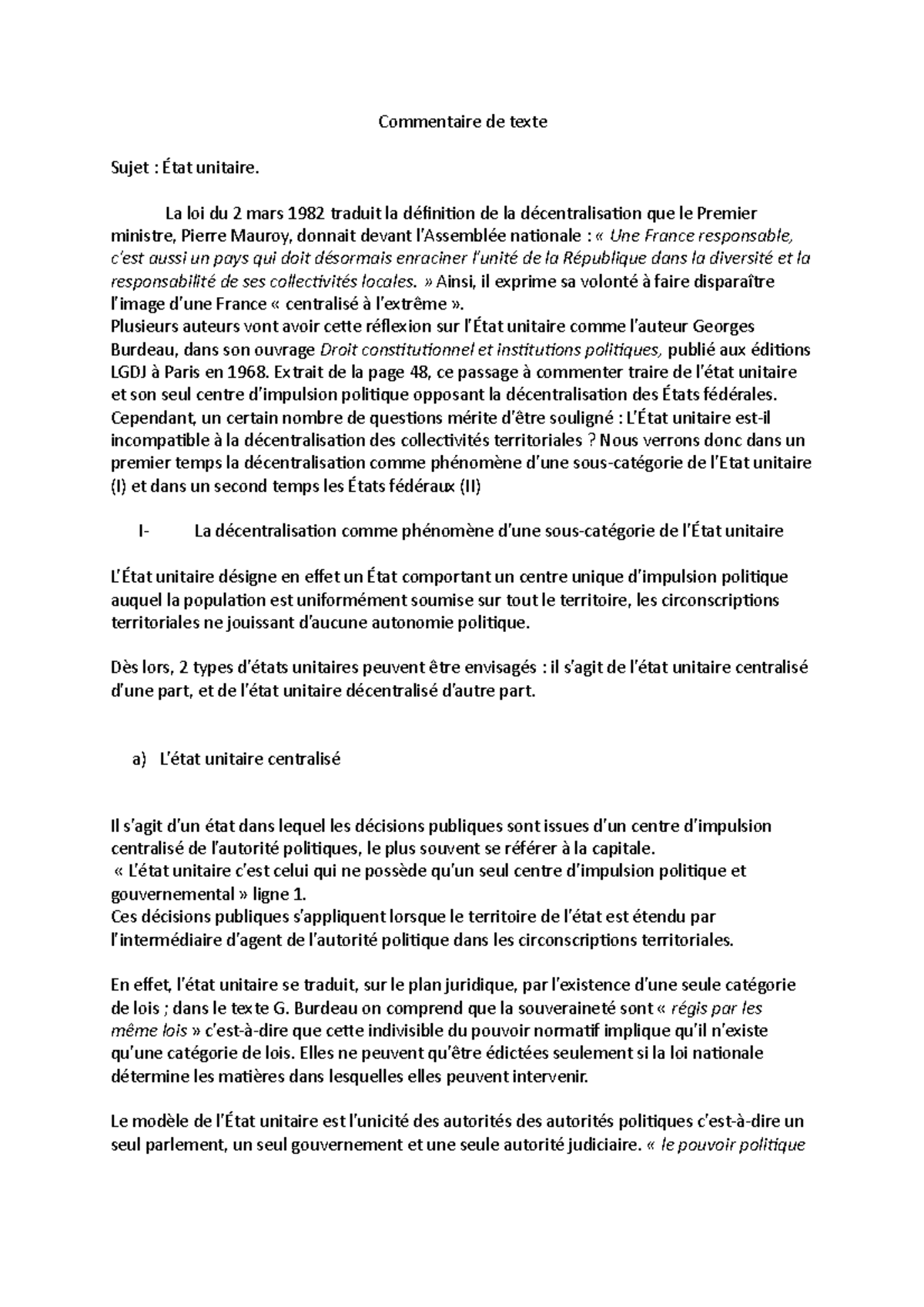 Commentaire De Texte Droit Constitutionnel L1 Corrigé Commentaire de texte sur le sujet Etat unitaire - Droit constitutionnel -  Université d'Évry - Studocu