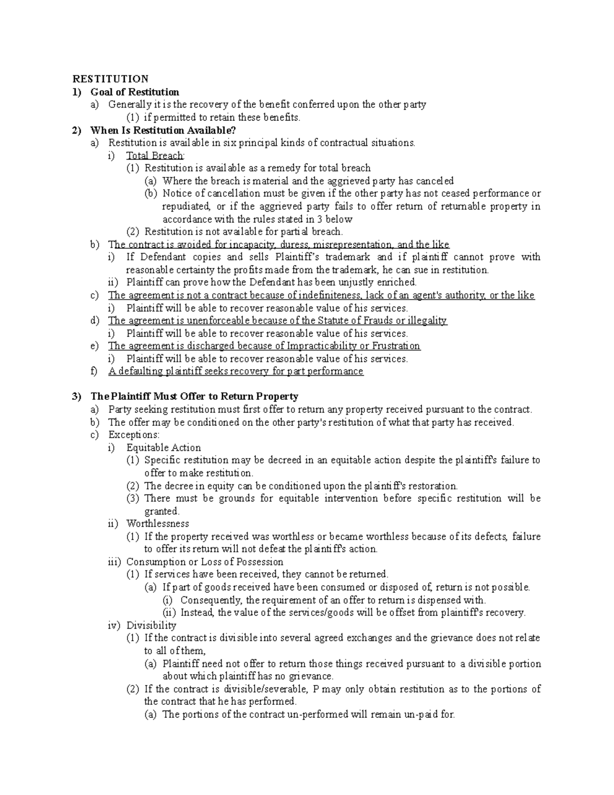 Contract Law Outline - 2 - RESTITUTION Goal Of Restitution A) Generally ...