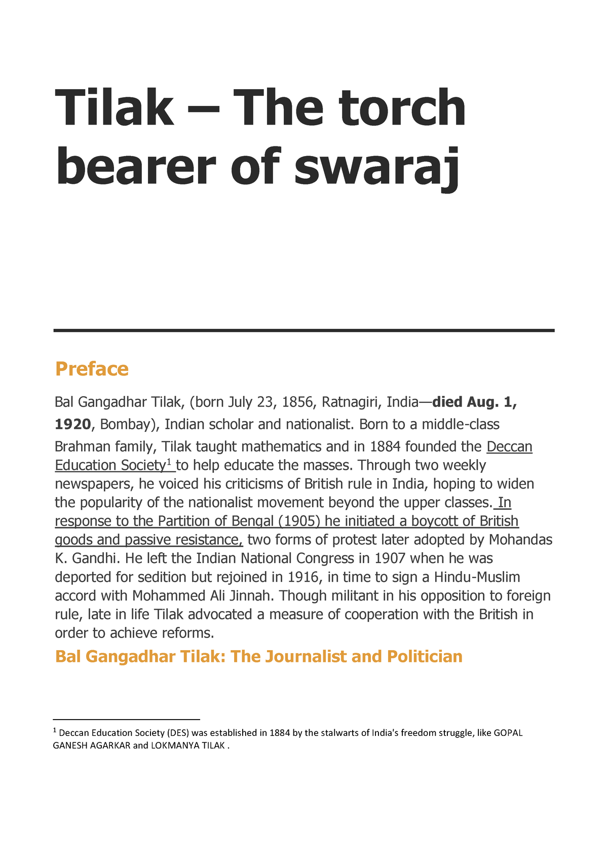 Bal Gangadhar Tilak - Tilak – The Torch Bearer Of Swaraj Preface Bal 