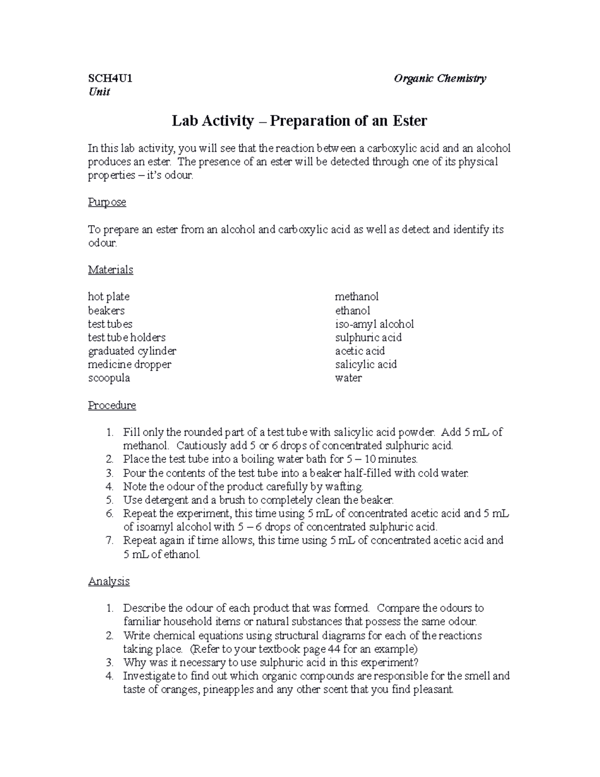 Sch4u1 ester lab lab SCH4U1 Organic Chemistry Unit Lab Activity