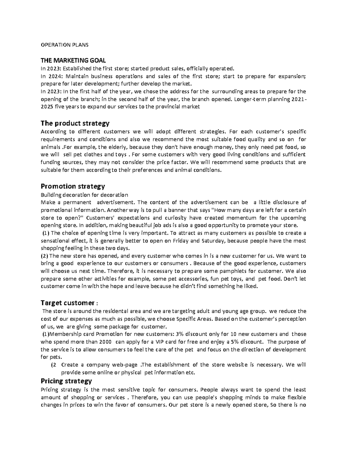 Operation PLAN1 project - OPERATION PLANS THE MARKETING GOAL In 2023 ...