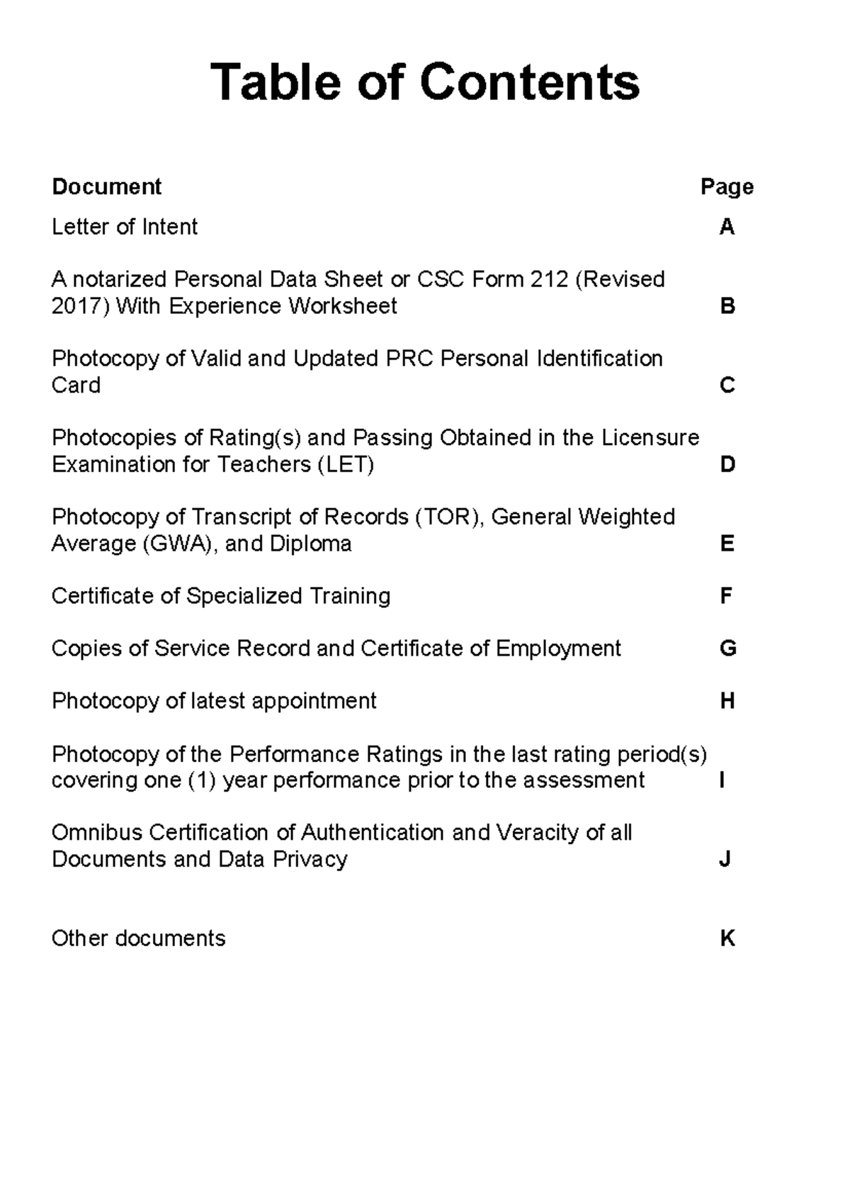 TOC 3 Copies Table of Contents Document Page Letter of Intent A A notarized Personal Data