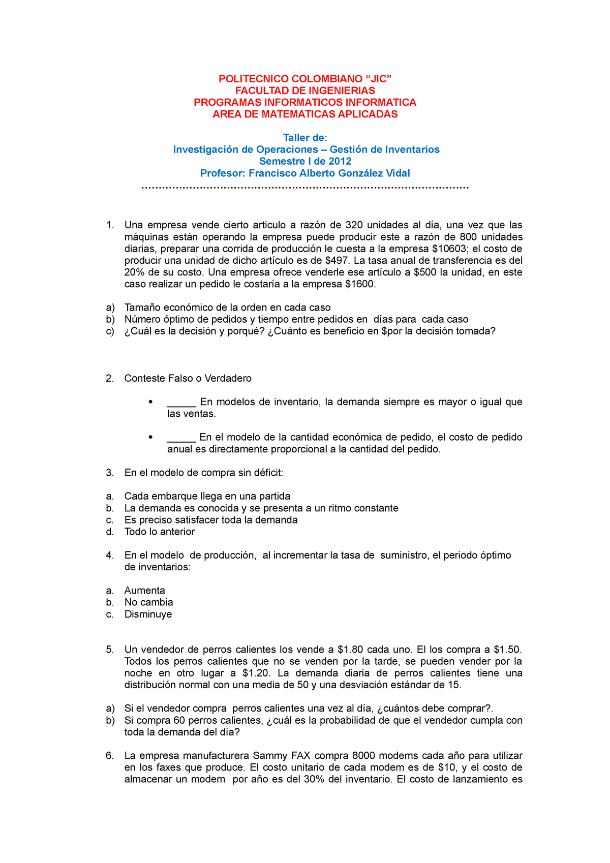 taller 1 gestion de inventarios investigacion de operaciones - POLITECNICO  COLOMBIANO “JIC” - Studocu