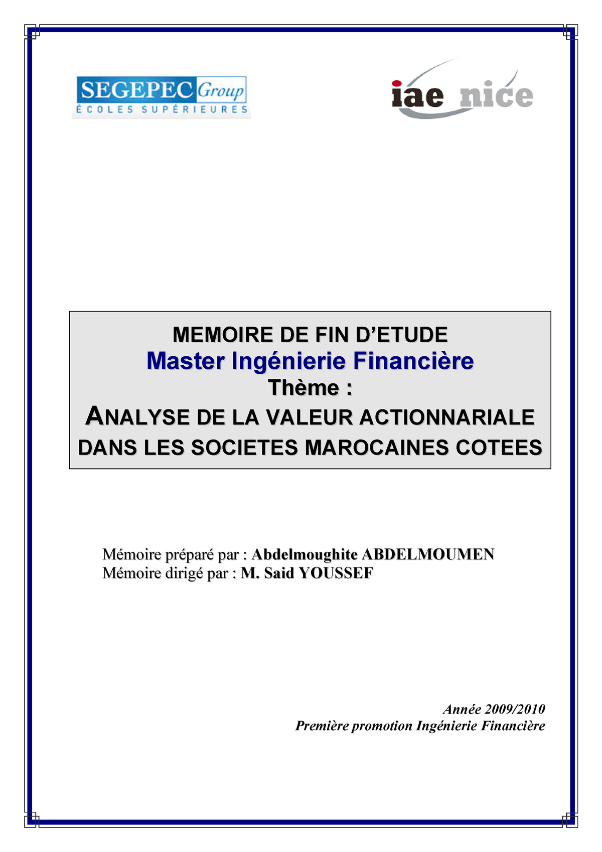 Mémoire Master Ingénierie Financière  Marchés financiers  Studocu