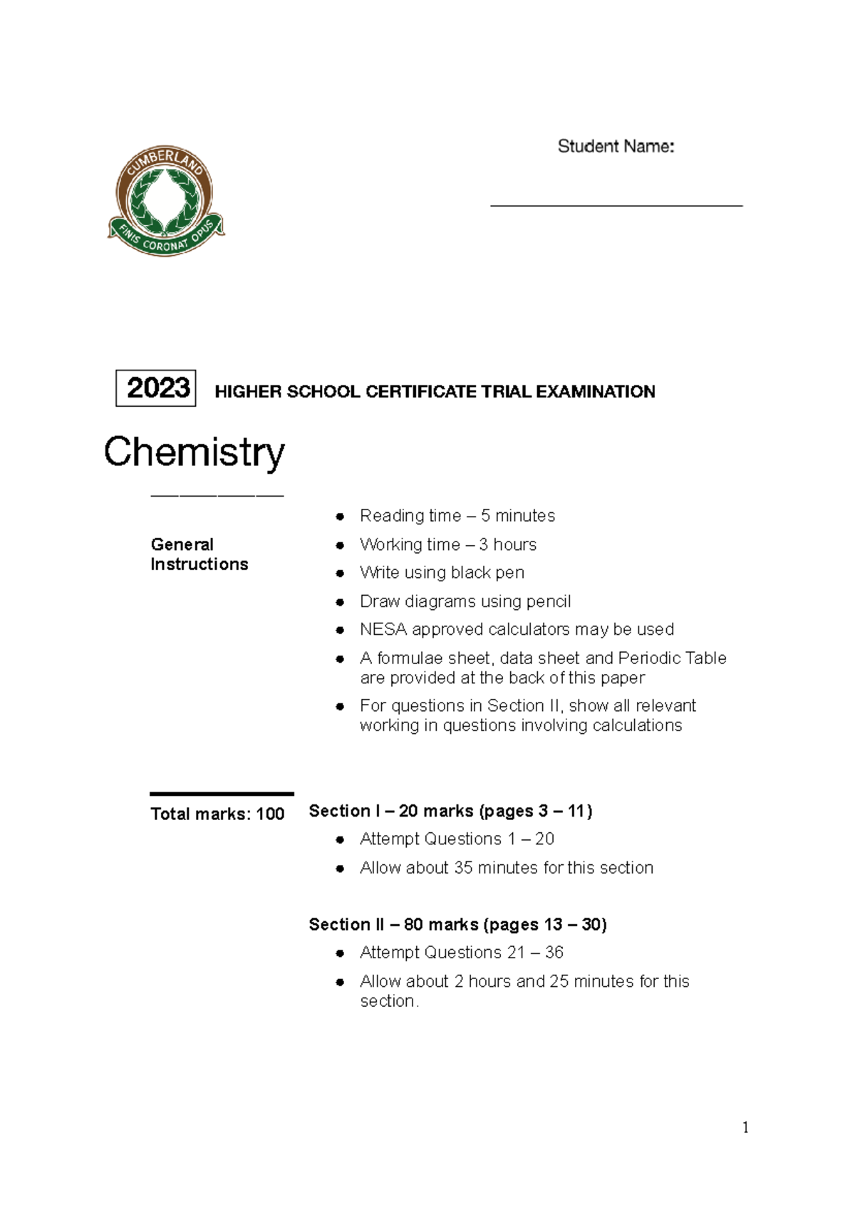 Cumberland 2023 Chem - 2023 Higher School Certificate Trial Examination 