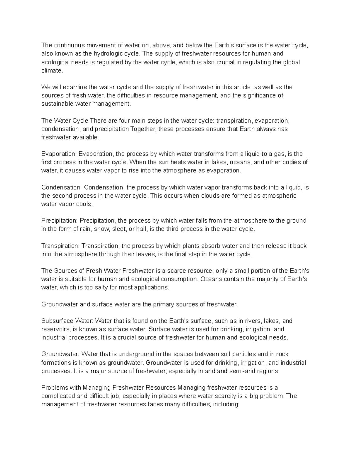 Water Cycle and Fresh Water Supply Notes The continuous movement of