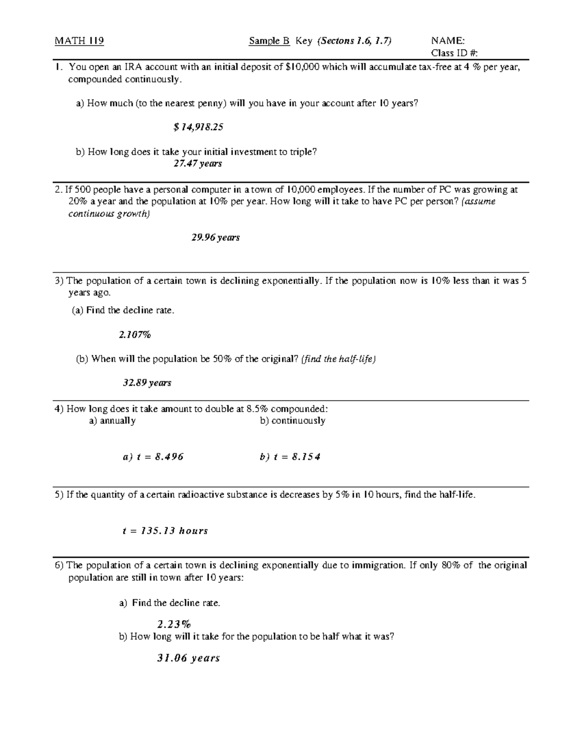 Section 1.6 test 2 solutions - MATH 119 Sample B Key (Sectons 1, 1 ...