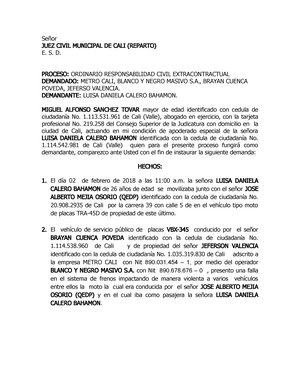 Demanda Responsabilidad Civil Extracontractual - Señor JUEZ CIVIL MUNICIPAL  DE CALI (REPARTO) E. S. - Studocu