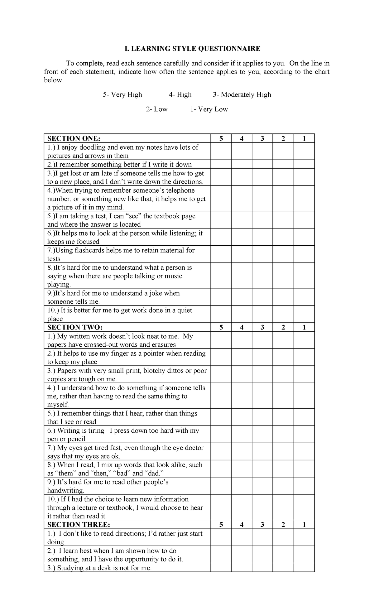 Learning Style Questionnaire and Teachin - I. LEARNING STYLE ...