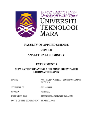 THE LABORATORY REPORT OF EXPERIMENT 9 (Separation Of Amino Acid Mixture ...