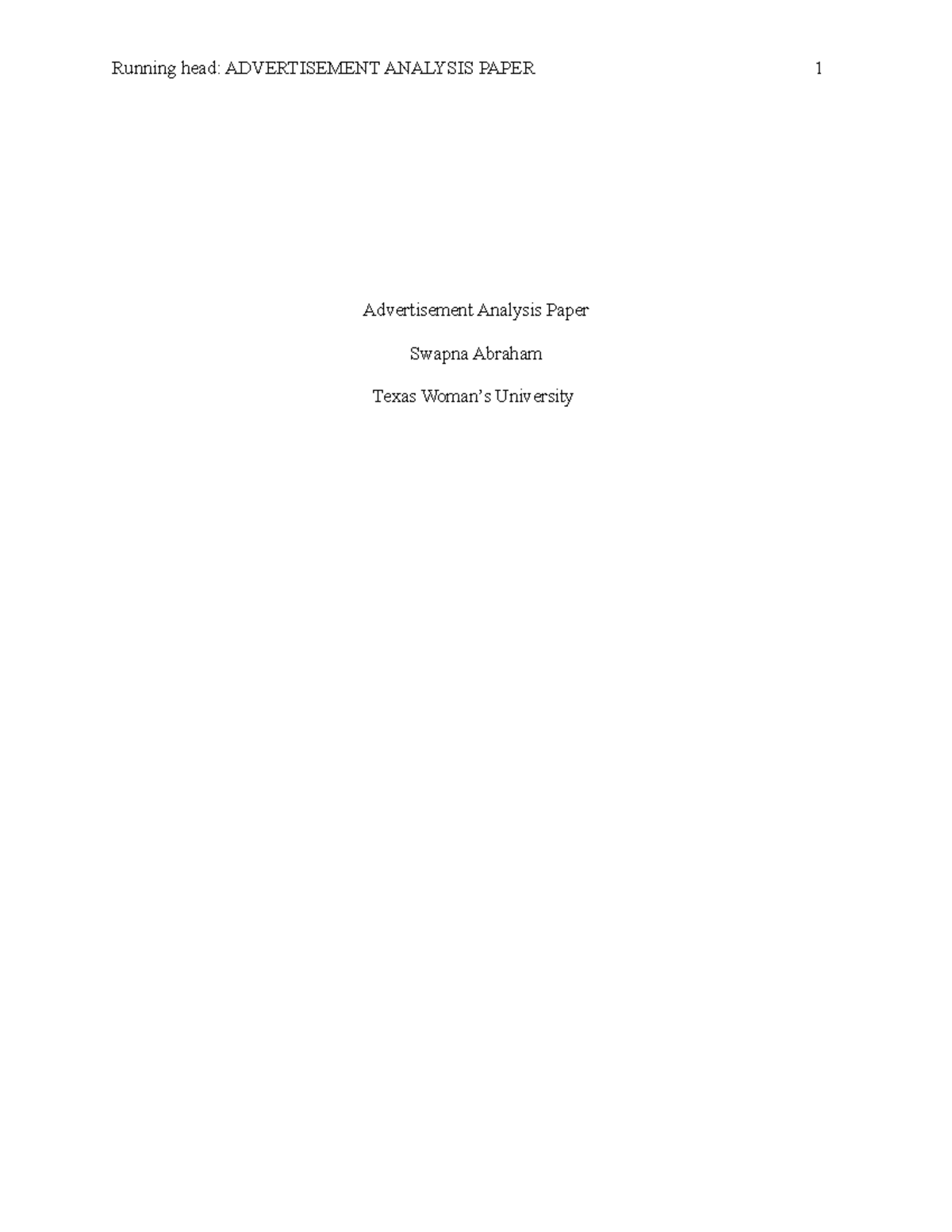 Advertisement Analysis Paper - Running head: ADVERTISEMENT ANALYSIS ...