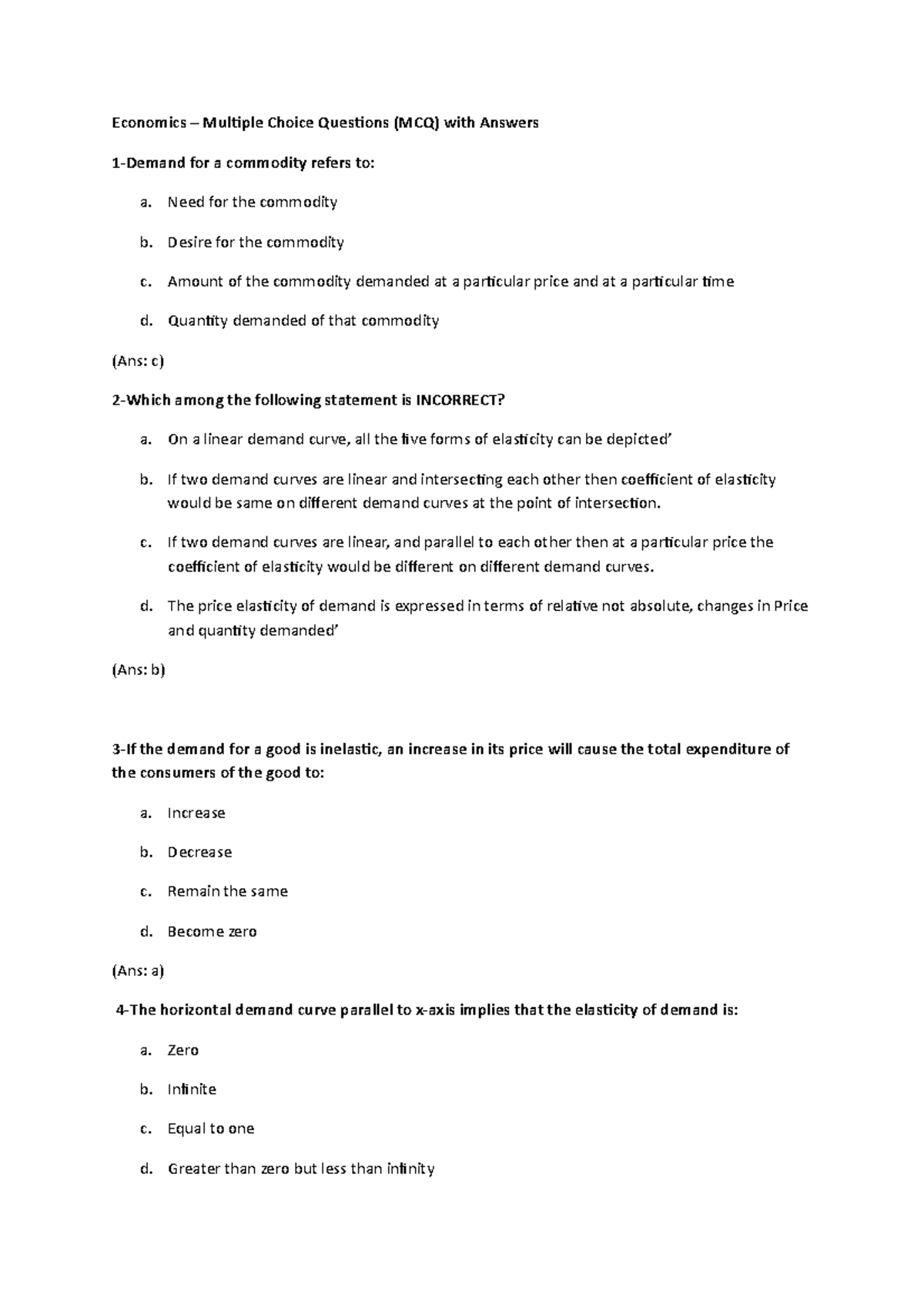 Multiple Choice Questions - Need for the commodity b. Desire for the ...