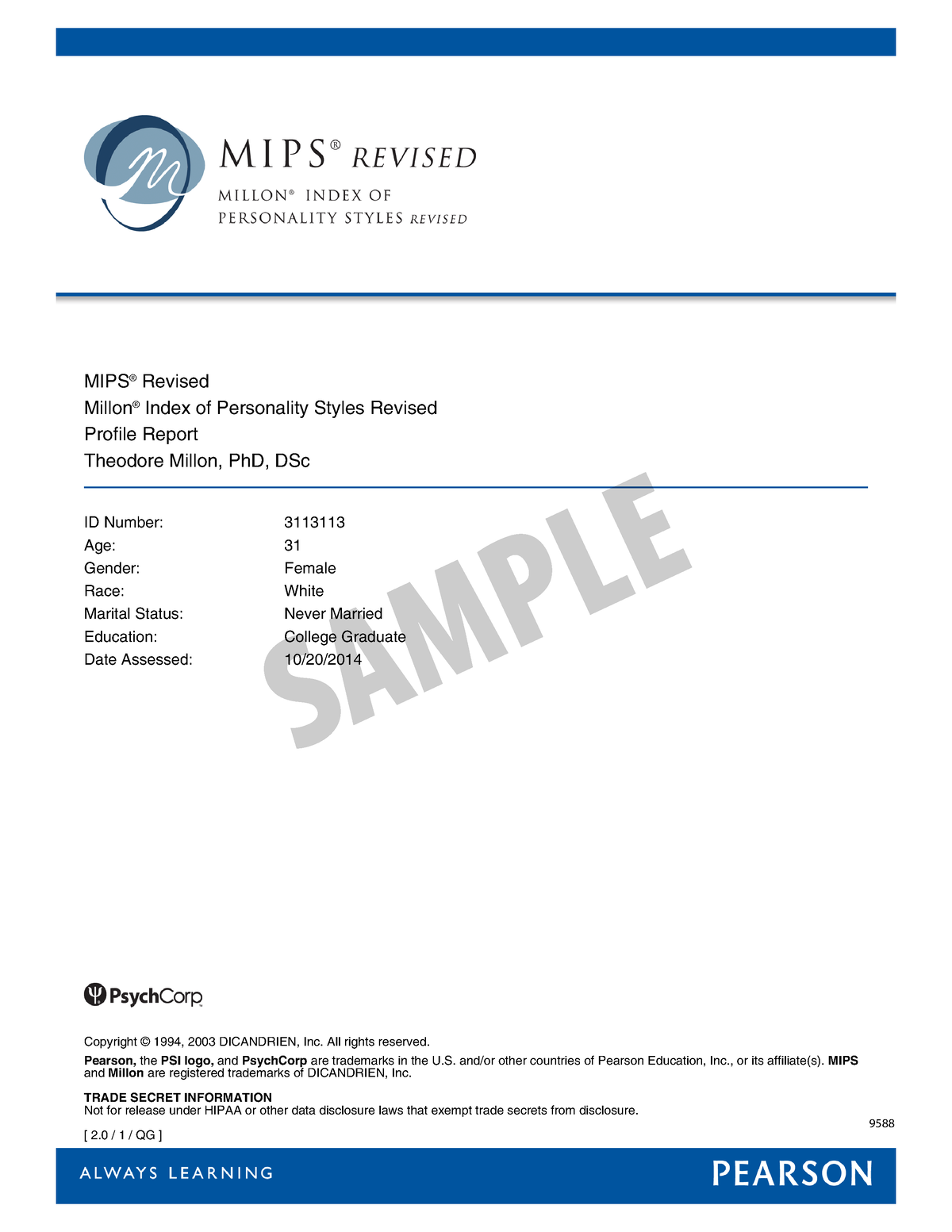 Mipsprofile Report 2010 MIPS Revised Millon Index Of Personality