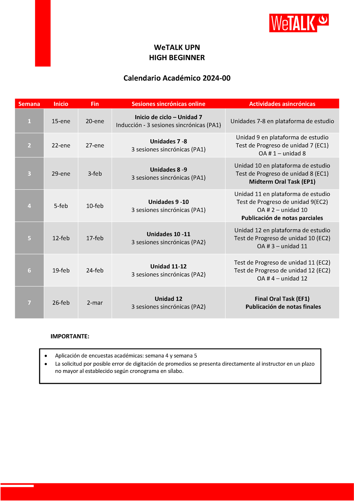 HB Calendario UPN 2 02 400 WeTALK UPN HIGH BEGINNER Calendario