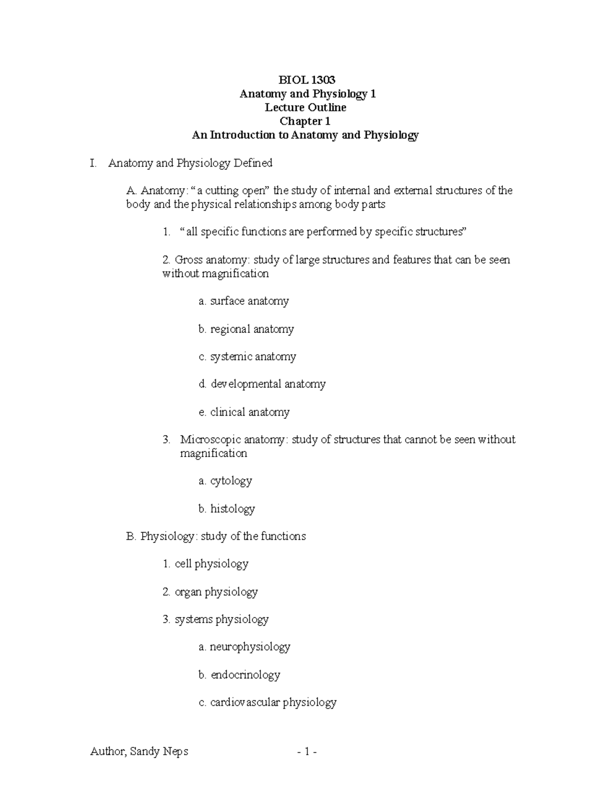 Chapter 1 - Lecture notes 1 - BIOL 1303 Anatomy and Physiology 1 ...
