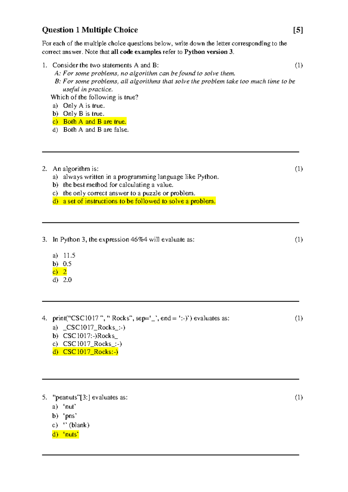 CSC1017 2017 Test1 Memo - Question 1 Multiple Choice [5] For each of ...