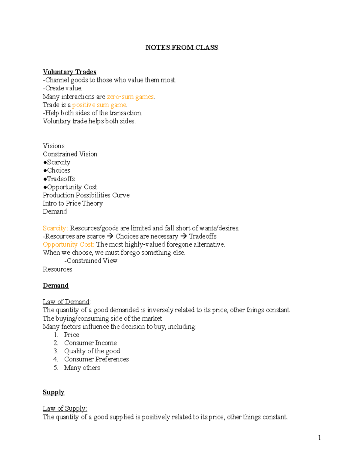 Econ 201 Class Notes Test 1 - NOTES FROM CLASS Voluntary Trades ...