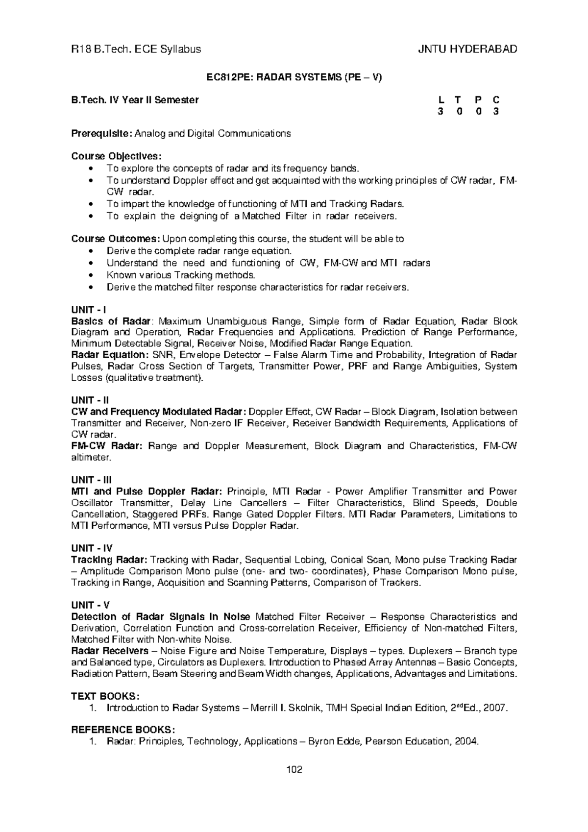 R18B - R18 B. ECE Syllabus JNTU HYDERABAD 102 EC812PE: RADAR SYSTEMS ...
