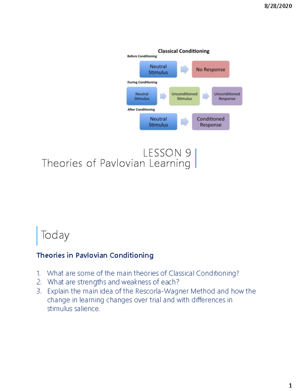 Lesson+9-+Theories+in+Pavlovian+Conditioning - LESSON 9 Theories of ...