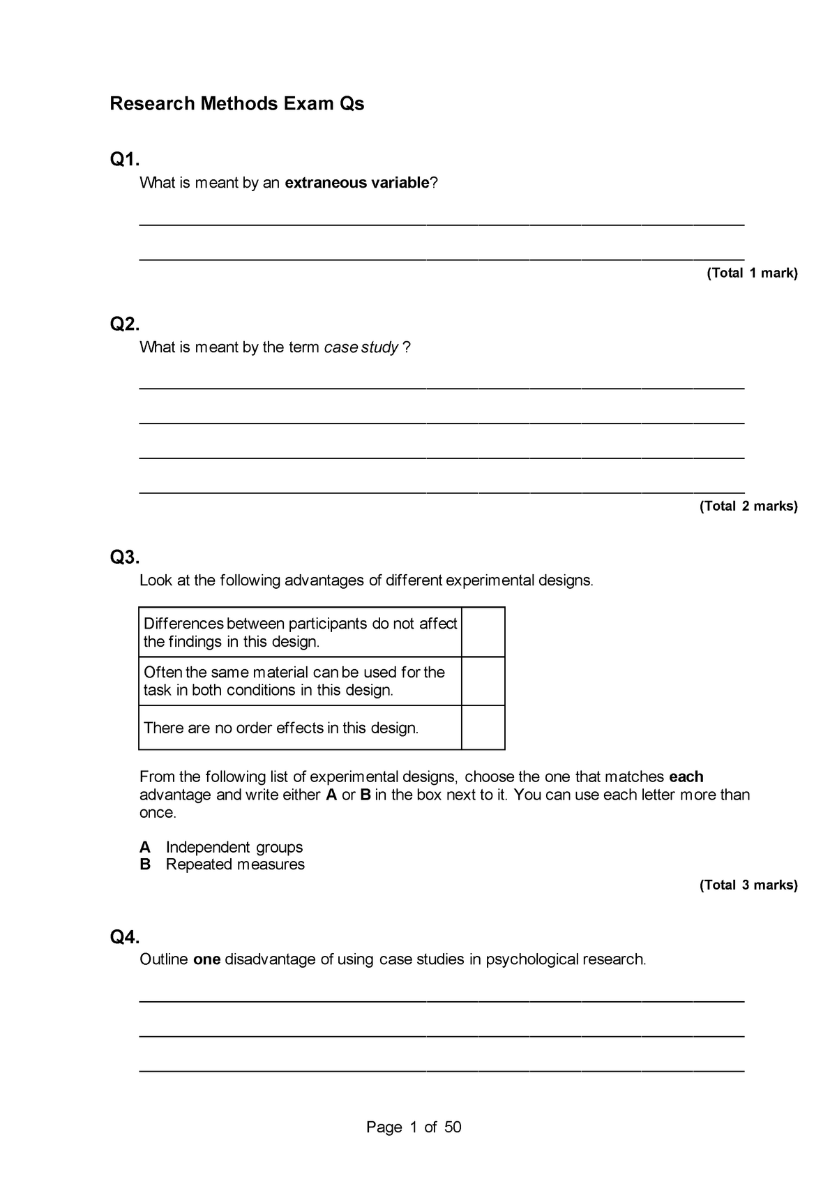 research methods exam questions gcse