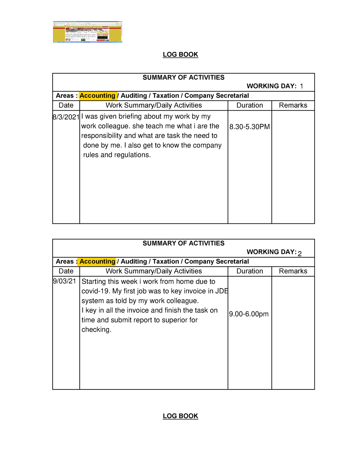 Log book - 1 - practical - LOG BOOK SUMMARY OF ACTIVITIES WORKING DAY