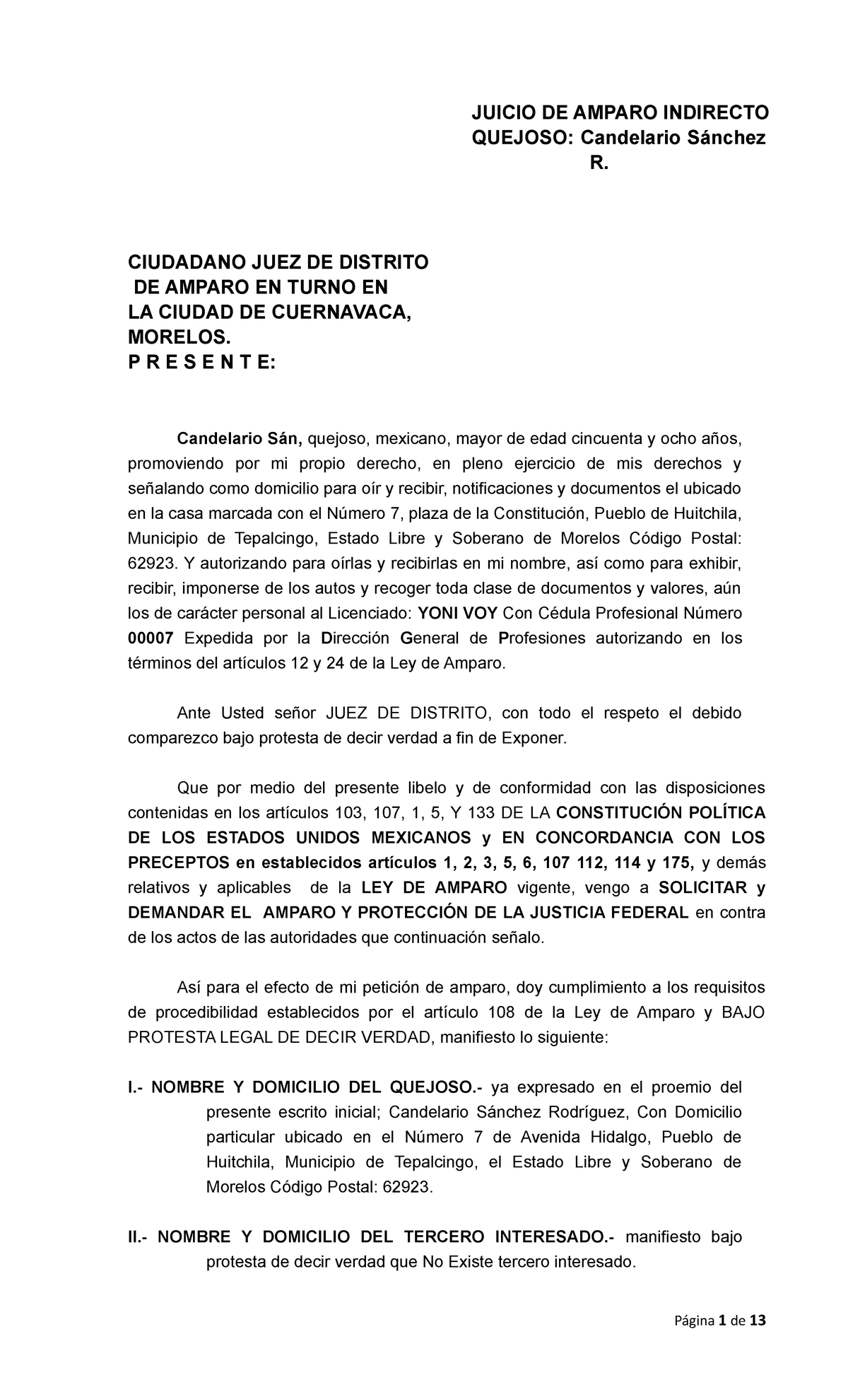 Amparo Indirecto Formulario Juicio De Amparo Indirecto Quejoso Candelario Sánchez R 8313