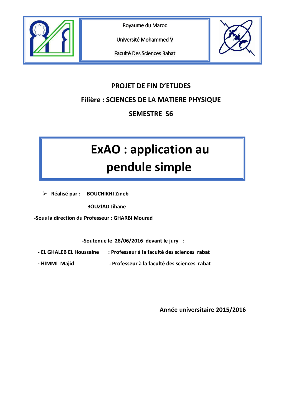 SDIC-PL0304 - PFE CHIMIE - PROJET DE FIN D’ETUDES Filière : SCIENCES DE ...