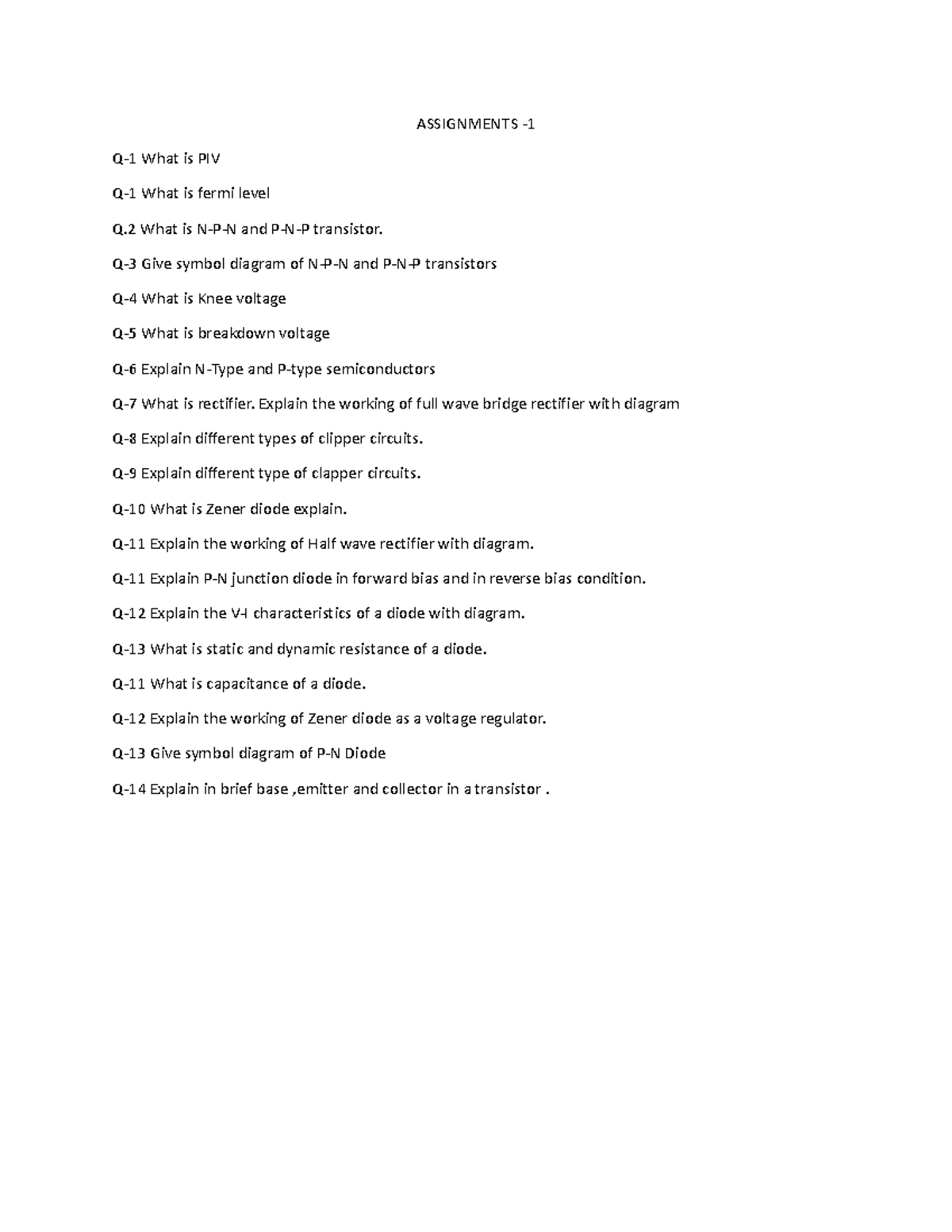 TEC 101-AS01 - ASSIGNMENTS - Q-1 What is PIV Q-1 What is fermi level Q ...