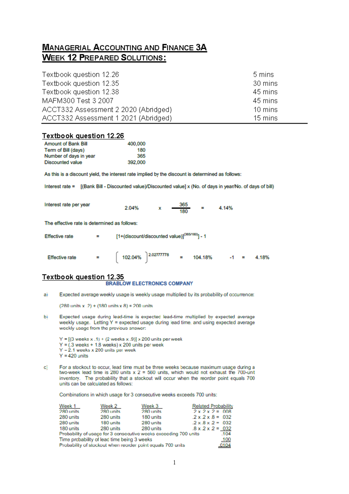 ACCT331 Week 12 Prepared solutions - MANAGERIAL ACCOUNTING AND FINANCE ...