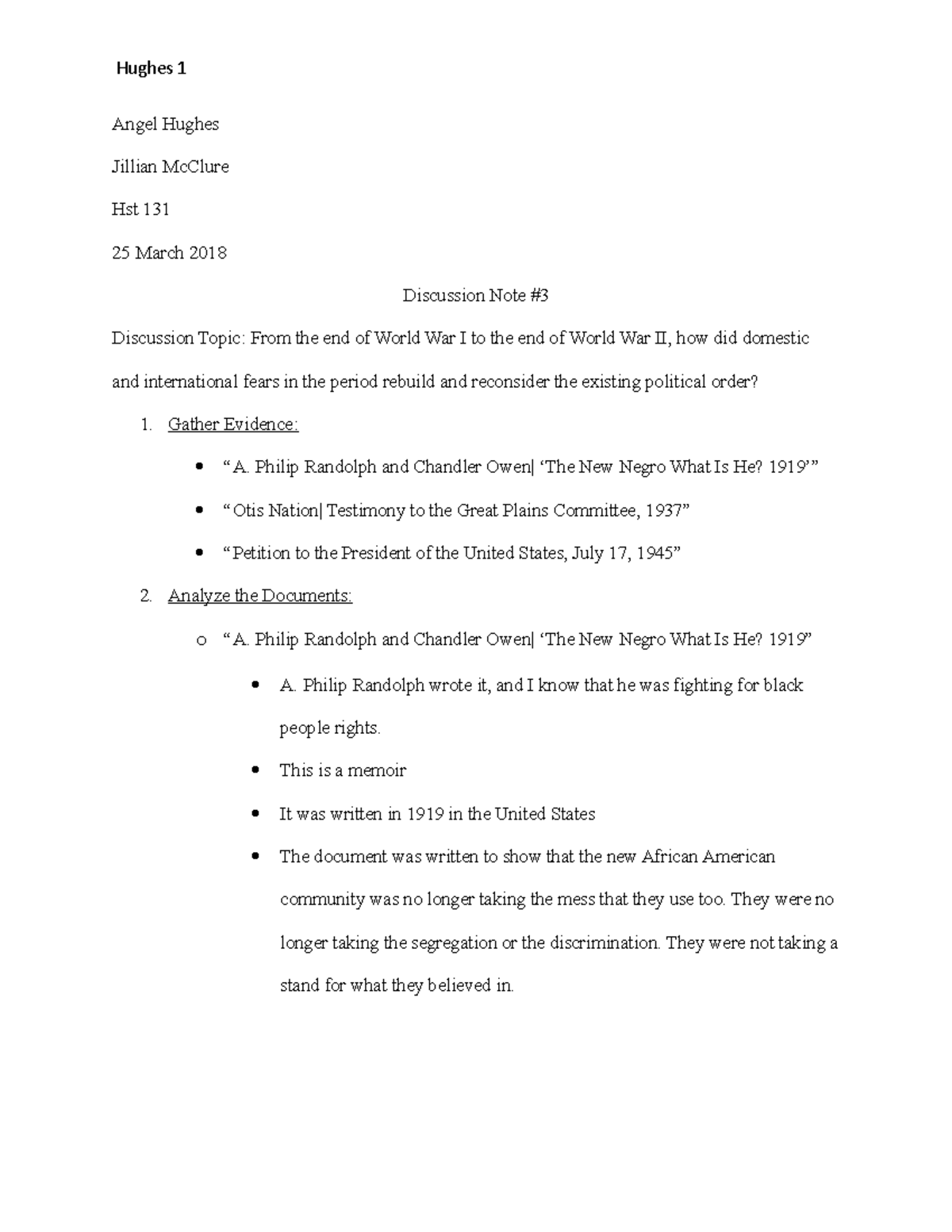 History Discussion Notes #3 - Hughes 1 Angel Hughes Jillian McClure Hst ...