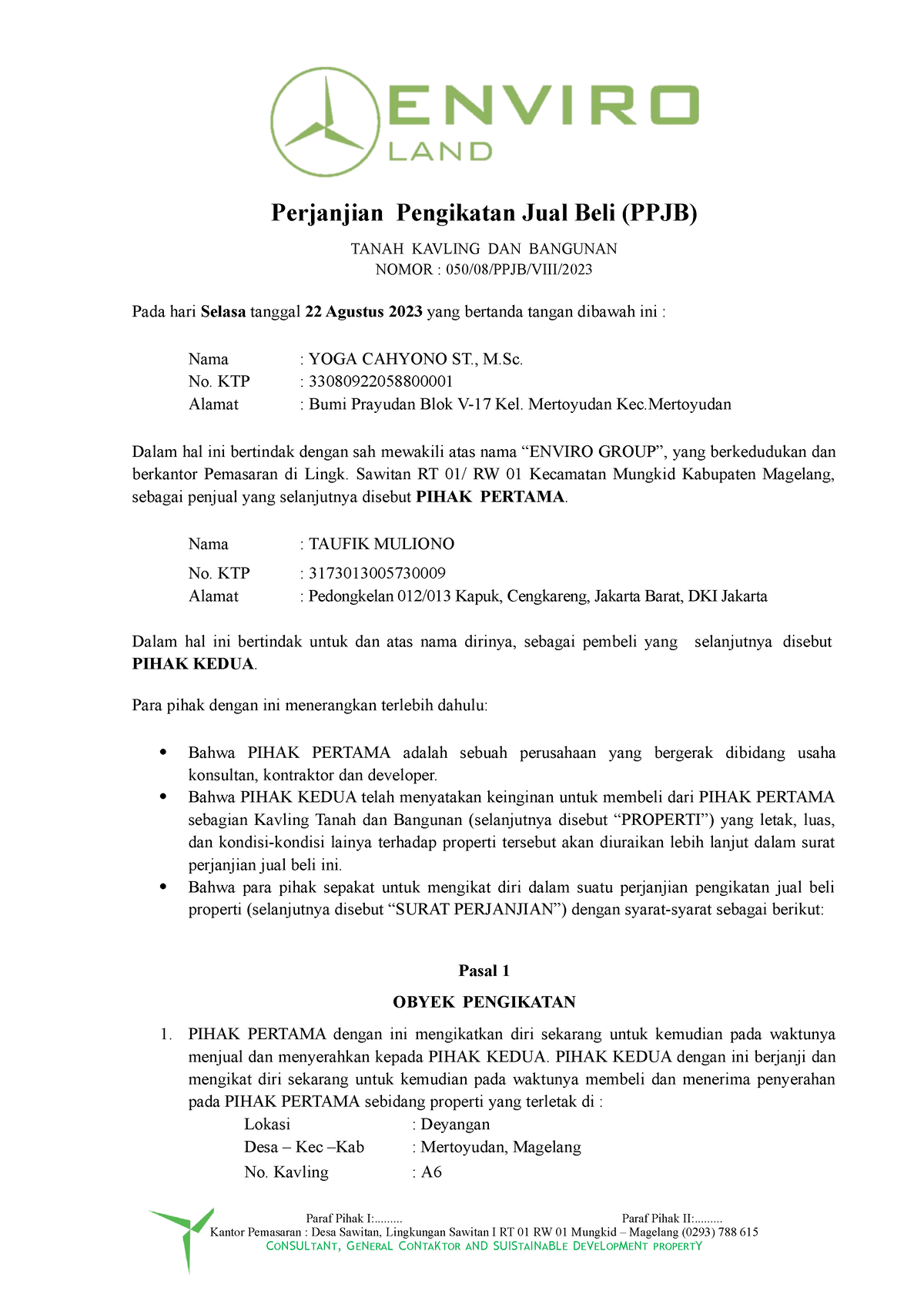 PPJB Taufik - Sdas - Perjanjian Pengikatan Jual Beli (PPJB) TANAH ...