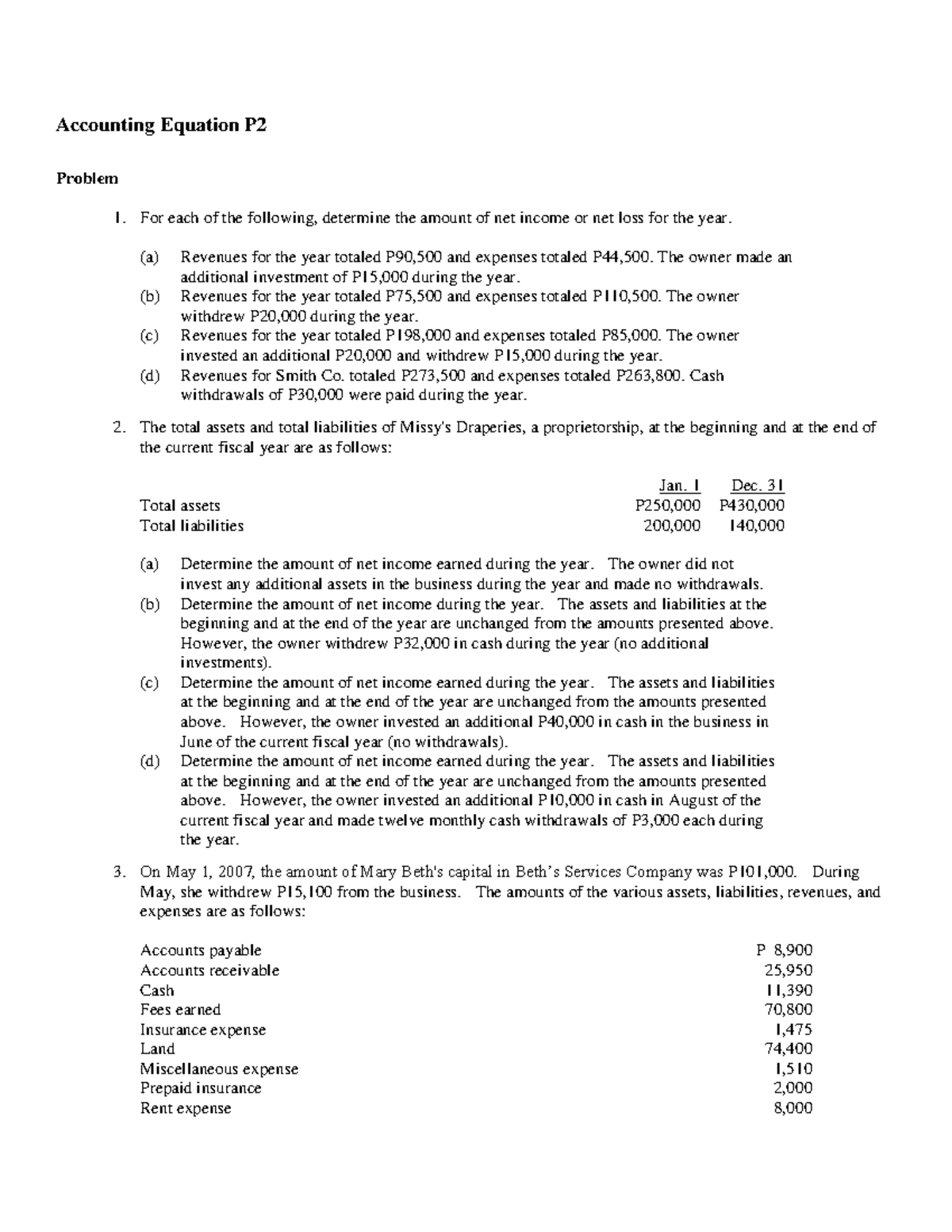 Basic Accounting Equation Exercises 2 - Accounting Equation P Problem 1 ...