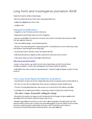 Intro: Longform and Investigative Journalism Lecture Notes - 9309 Long ...