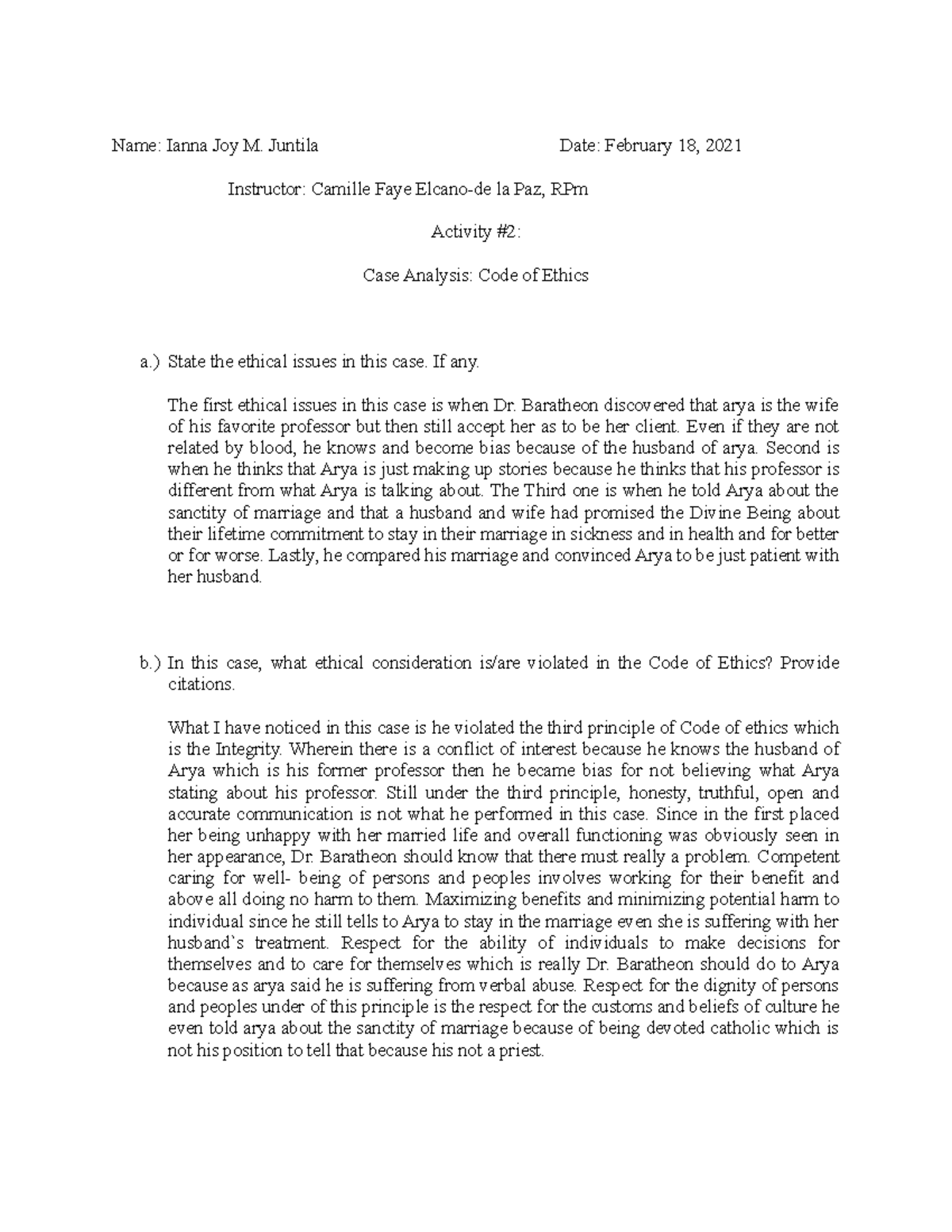 Case Analysis Code of Ethics - BS Psychology - Studocu