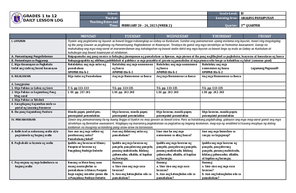 DLL Araling Panlipunan 4 Q3 W2 - GRADES 1 to 12 DAILY LESSON LOG School ...