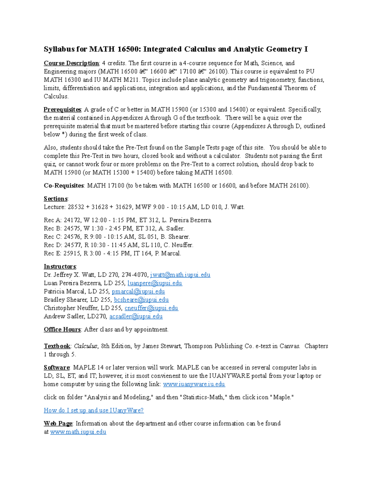Syllabus for MATH 16500 - Syllabus for MATH 16500: Integrated Calculus ...