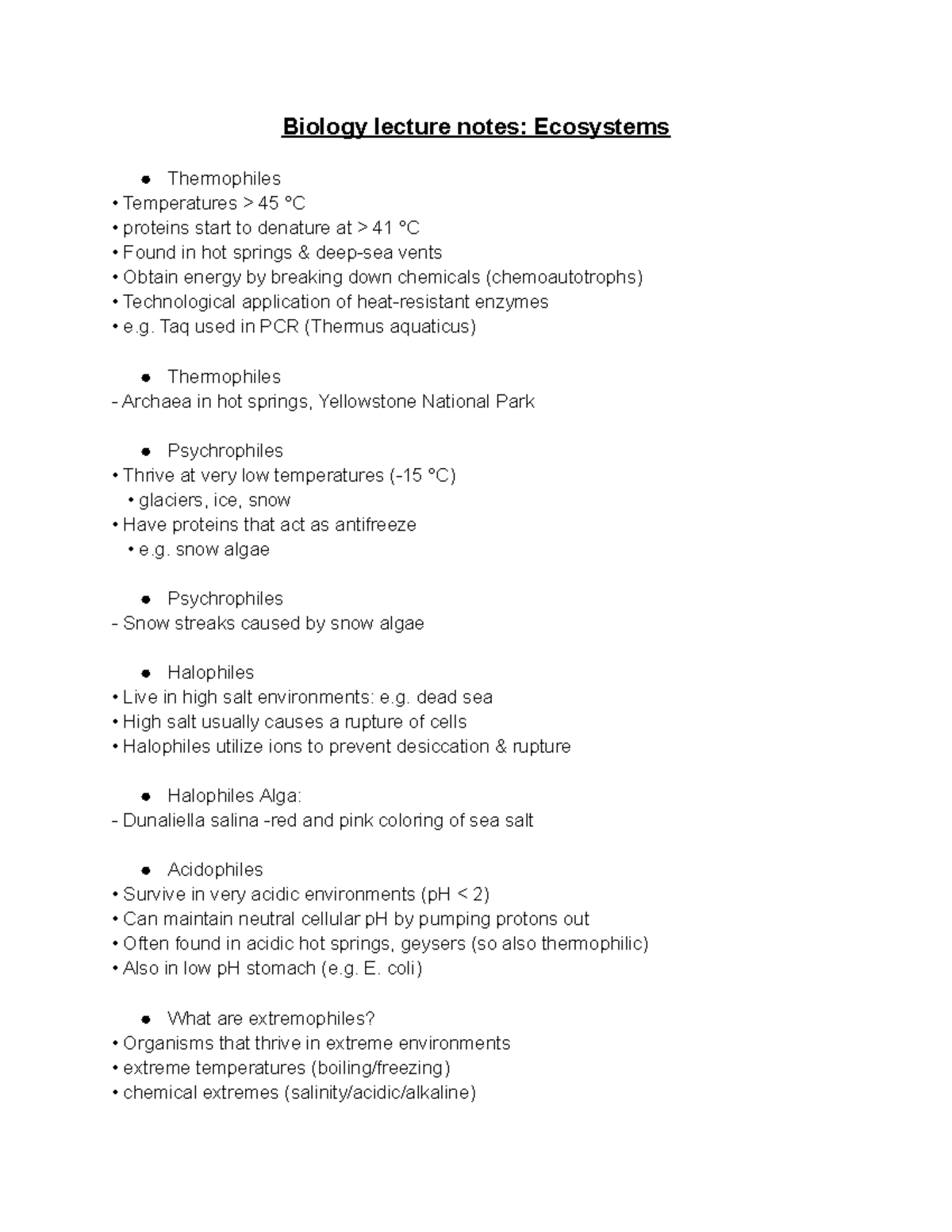 Biology lecture notes Ecosystems Taq used in PCR (Thermus aquaticus