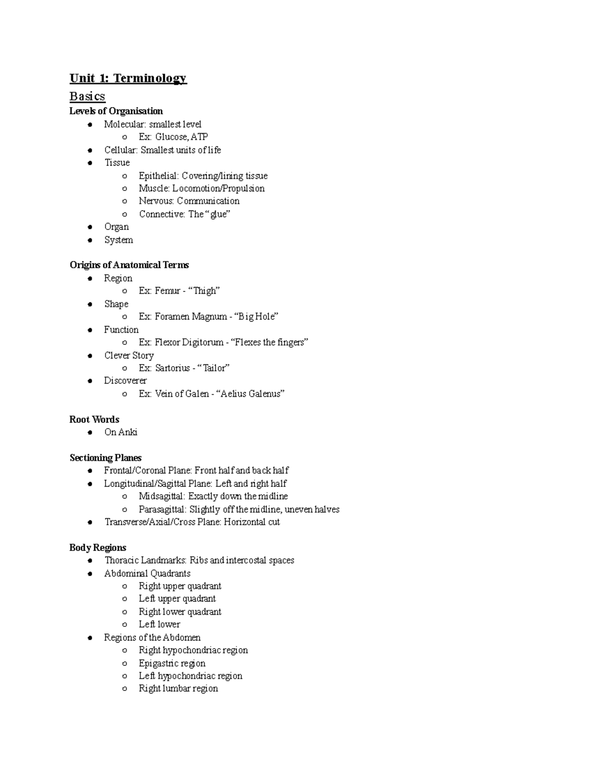 Anatomy Notes - Unit 1: Terminology Basics Levels of Organisation ...