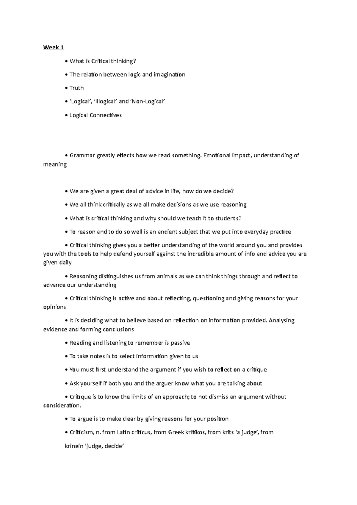 Week 1 and 2 - Lecture notes 1-2 - Week 1 - What is Critical thinking ...