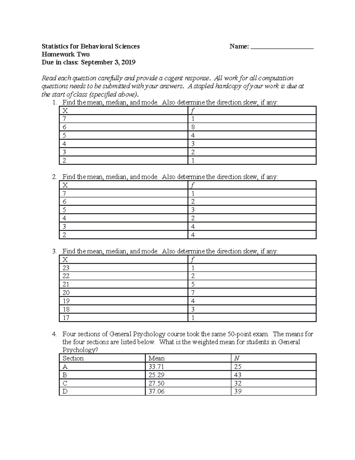 Homework two - Professor Dr. Grady - Statistics for Behavioral Sciences ...