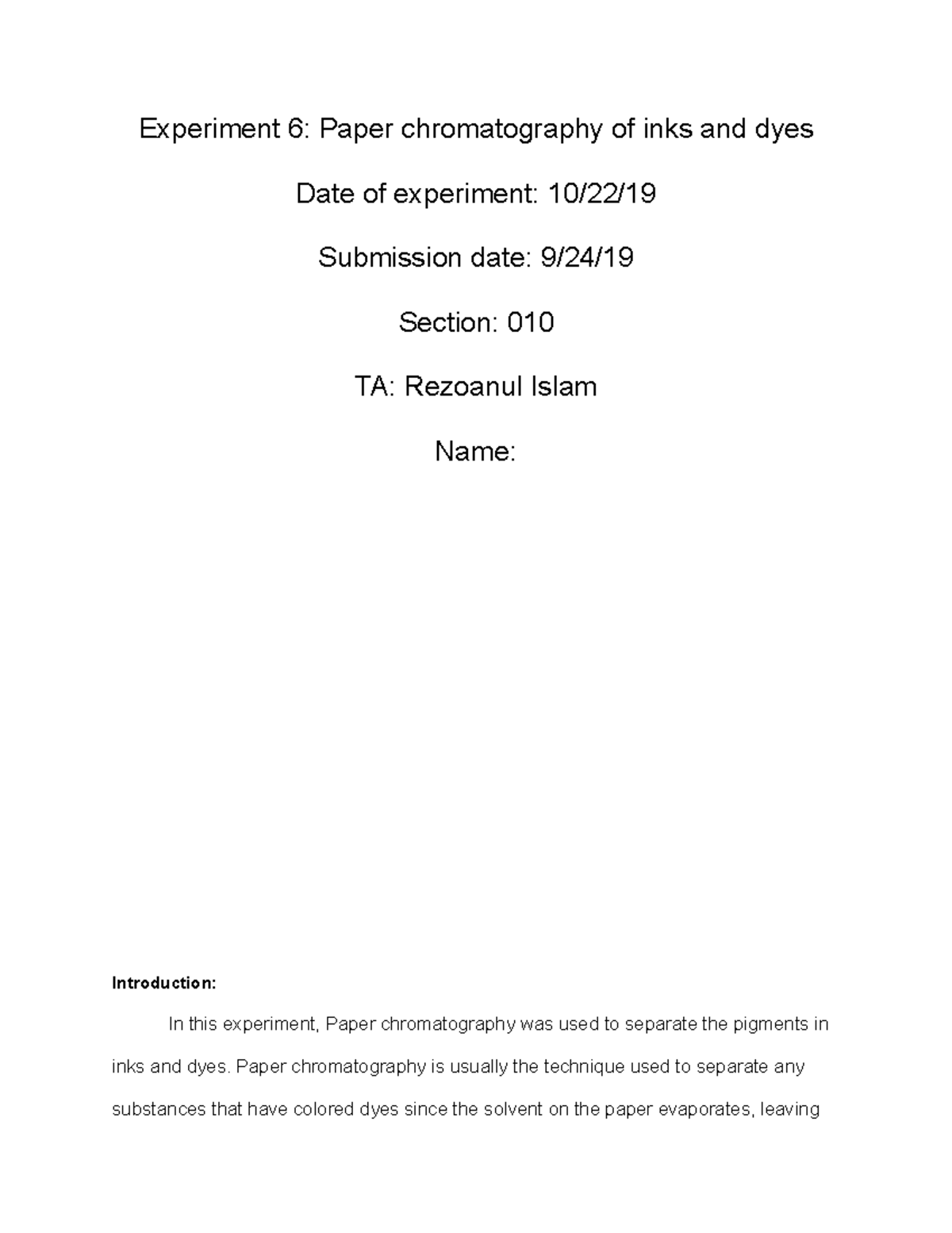 Experiment 6 Paper chromatography of inks and dyes Paper