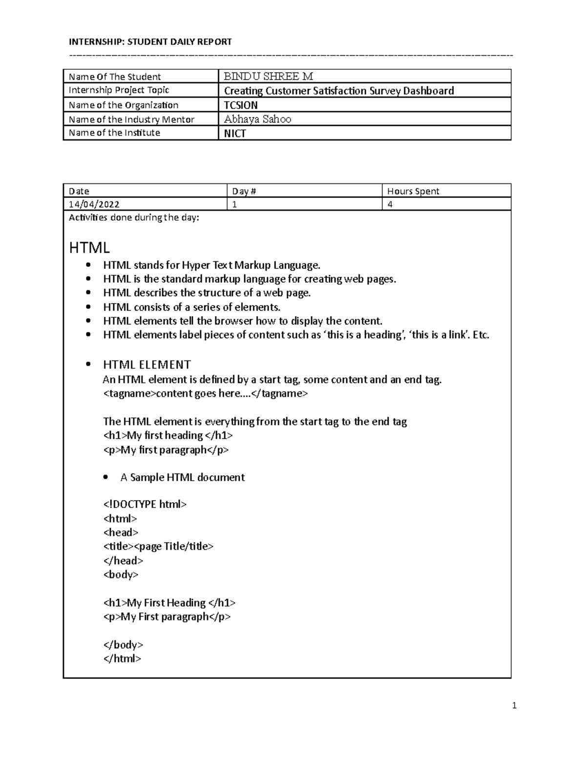 Activity report - please refer this notes - INTERNSHIP: STUDENT DAILY ...