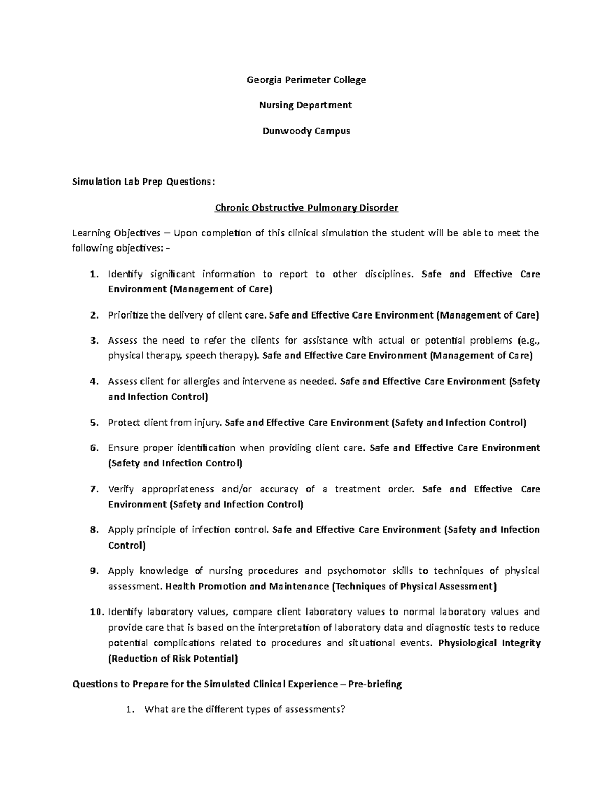 Prep Questions Perimeter College Nursing Department Dunwoody