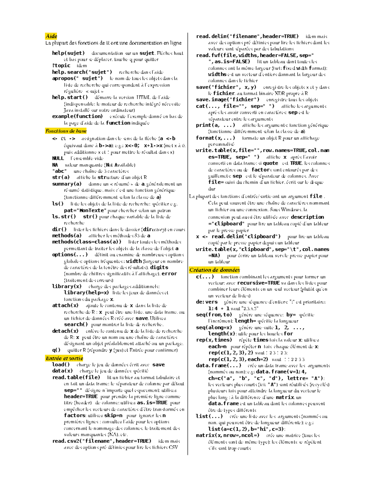 R aide memoire - PARC - Aide La plupart des fonctions de R ont une ...