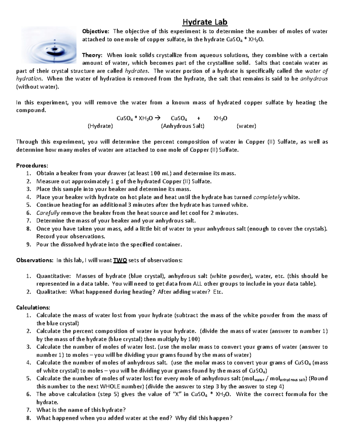 Hydrate Lab The objective of this experiment is to determine the